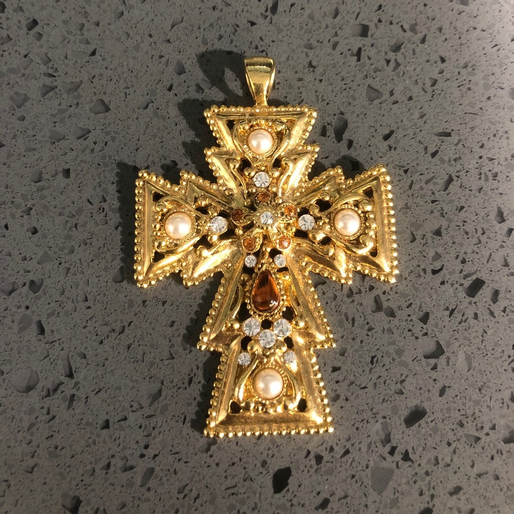 Rhinestone Faux Pearl Large Pendant Cross Signed Olivia Riegel